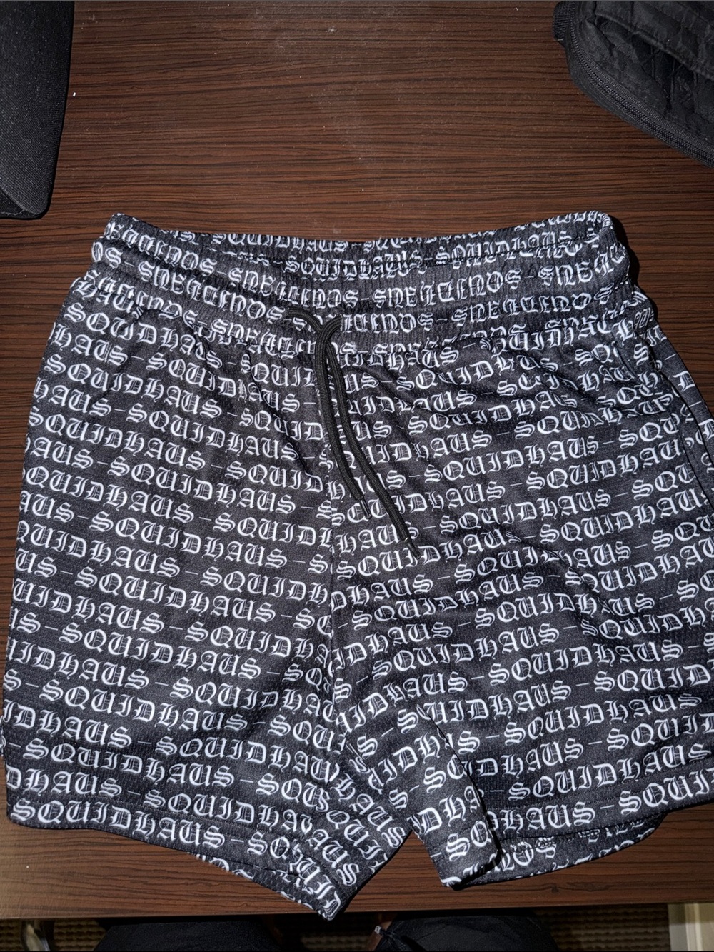 Black Script-Print Athletic Shorts with Drawstring